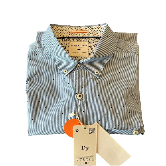 DENIM & FLOWER RICKY SINGH  Mens Shirt Large Blue Short Sleeve Button Slim Fit - Picture 15 of 15